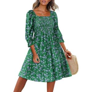 Caracilia Women 3/4 Sleeve Square Neck 2026 Summer Fall Wedding Guest Floral Smocked Casual Boho Midi Dresses(Green White Purple Floral)