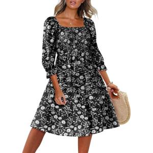 Caracilia Women 3/4 Sleeve Square Neck 2026 Summer Fall Wedding Guest Floral Smocked Casual Boho Midi Dresses(Print Black Floral)