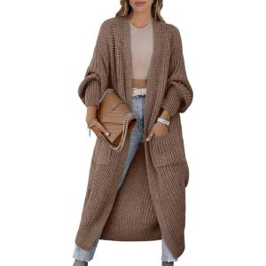 Caracilia Women Cardigan Sweaters Long Sleeve Open Front Knit Long Coat Duster Cozy 2025 Fall Winter Outfits with Pockets(Brown)