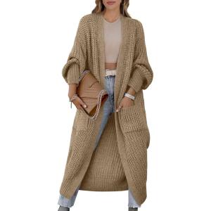 Caracilia Women Cardigan Sweaters Long Sleeve Open Front Knit Long Coat Duster Cozy 2025 Fall Winter Outfits with Pockets(Khaki)