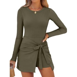 Caracilia Women Long Sleeve Tennis Dress 2026 Fall Bodycon Tie Waist Romper Skorts Athletic Mini Dresses Built in Shorts(Army Green)