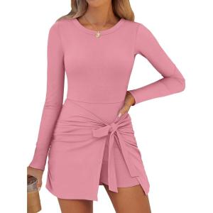 Caracilia Women Long Sleeve Tennis Dress 2026 Fall Bodycon Tie Waist Romper Skorts Athletic Mini Dresses Built in Shorts(Coral)