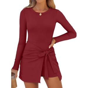 Caracilia Women Long Sleeve Tennis Dress 2026 Fall Bodycon Tie Waist Romper Skorts Athletic Mini Dresses Built in Shorts(Dark Red)