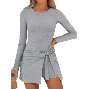 Caracilia Women Long Sleeve Tennis Dress 2026 Fall Bodycon Tie Waist Romper Skorts Athletic Mini Dresses Built in Shorts(Light Grey)