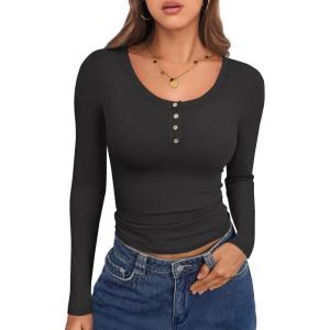 Caracilia Women Long Sleeve Top Henley Shirts Button Down Tight Slim Fitted 2025 Spring Casual Basic T-Shirts Blouses(Black)