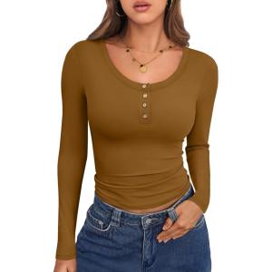 Caracilia Women Long Sleeve Top Henley Shirts Button Down Tight Slim Fitted 2025 Spring Casual Basic T-Shirts Blouses(Caramel)