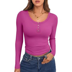 Caracilia Women Long Sleeve Top Henley Shirts Button Down Tight Slim Fitted 2025 Spring Casual Basic T-Shirts Blouses(Hot Pink)