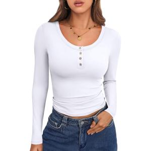 Caracilia Women Long Sleeve Top Henley Shirts Button Down Tight Slim Fitted 2025 Spring Casual Basic T-Shirts Blouses(White)