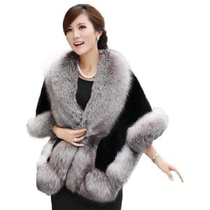 Caracilia Women Luxury Faux Fur Coat Jackets Wrap Cape Shawl for Wedding Party(Gray Black)