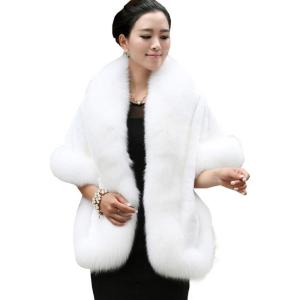 Caracilia Women Luxury Faux Fur Coat Jackets Wrap Cape Shawl for Wedding Party(White)