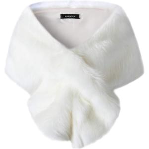 Caracilia Women Luxury Faux Fur Coat Jackets Wrap Cape Shawl for Wedding Party(White Long Hair)