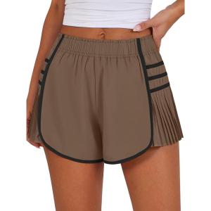 Caracilia Women Running Shorts Flowy Pleated Athletic Shorts Summer High Waisted Tennis Sporty Workout Gym Shorts(Brown)