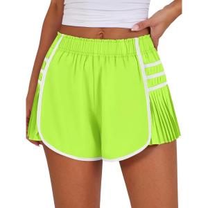 Caracilia Women Running Shorts Flowy Pleated Athletic Shorts Summer High Waisted Tennis Sporty Workout Gym Shorts(Neon Yellow)