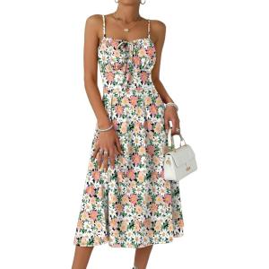 Caracilia Women Summer Floral Corset Midi Sundress Casual Spaghetti Strap Beach Vacation Wedding Guest Milkmaid Dress Pockets(Black Daisy Floral)