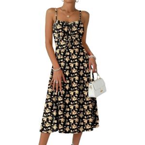 Caracilia Women Summer Floral Corset Midi Sundress Casual Spaghetti Strap Beach Vacation Wedding Guest Milkmaid Dress Pockets(Black Yellow Floral)