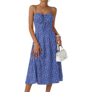 Caracilia Women Summer Floral Corset Midi Sundress Casual Spaghetti Strap Beach Vacation Wedding Guest Milkmaid Dress Pockets(Dark Blue Red Floral)