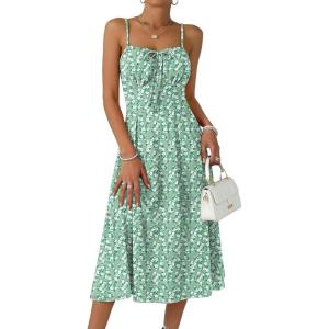 Caracilia Women Summer Floral Corset Midi Sundress Casual Spaghetti Strap Beach Vacation Wedding Guest Milkmaid Dress Pockets(Green White Floral)