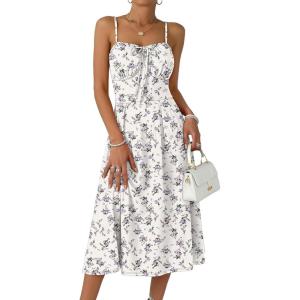 Caracilia Women Summer Floral Corset Midi Sundress Casual Spaghetti Strap Beach Vacation Wedding Guest Milkmaid Dress Pockets(White Purple Floral)