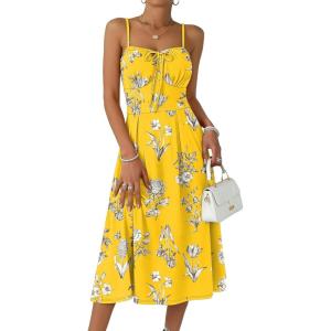 Caracilia Women Summer Floral Corset Midi Sundress Casual Spaghetti Strap Beach Vacation Wedding Guest Milkmaid Dress Pockets(Yellow Black Floral)