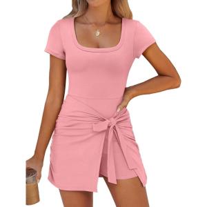Caracilia Women Summer Short Sleeve Square Neck Bodycon Tie Cinched Waist Romper Mini Dress Athletic Night Out Vacation Dress(Coral)