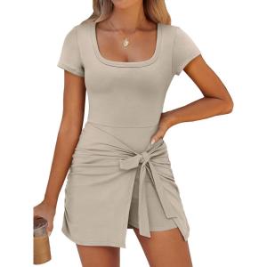 Caracilia Women Summer Short Sleeve Square Neck Bodycon Tie Cinched Waist Romper Mini Dress Athletic Night Out Vacation Dress(Khaki – Parchment)
