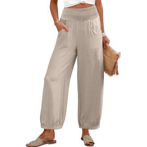 Caracilia Women Wide Leg Palazzo Pants 2025 Summer Casual High Waist Flowy Loose Boho Beach Vacation Lantern Pants(Almond)