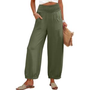 Caracilia Women Wide Leg Palazzo Pants 2025 Summer Casual High Waist Flowy Loose Boho Beach Vacation Lantern Pants(Army Green)