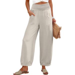 Caracilia Women Wide Leg Palazzo Pants 2025 Summer Casual High Waist Flowy Loose Boho Beach Vacation Lantern Pants(Beige)