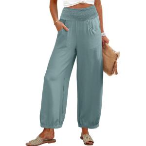 Caracilia Women Wide Leg Palazzo Pants 2025 Summer Casual High Waist Flowy Loose Boho Beach Vacation Lantern Pants(Lake)