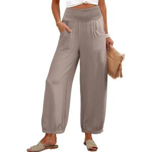 Caracilia Women Wide Leg Palazzo Pants 2025 Summer Casual High Waist Flowy Loose Boho Beach Vacation Lantern Pants(Light Brown)