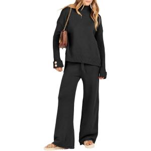 Caracilia Womens 2 Piece Sweater Set Knit Pullover Wide Leg Pants Lounge Matching Sets 2024 Fall Fashion Travel Outfits(Black)