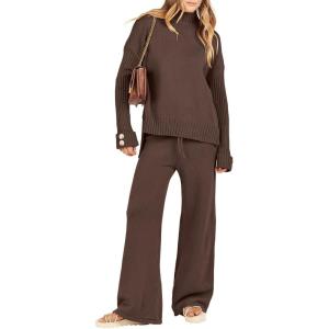 Caracilia Womens 2 Piece Sweater Set Knit Pullover Wide Leg Pants Lounge Matching Sets 2024 Fall Fashion Travel Outfits(Brown)