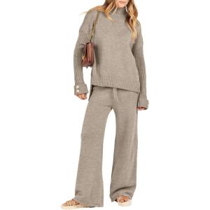 Caracilia Womens 2 Piece Sweater Set Knit Pullover Wide Leg Pants Lounge Matching Sets 2024 Fall Fashion Travel Outfits(Camel)