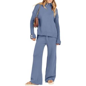 Caracilia Womens 2 Piece Sweater Set Knit Pullover Wide Leg Pants Lounge Matching Sets 2024 Fall Fashion Travel Outfits(Deep Blue)