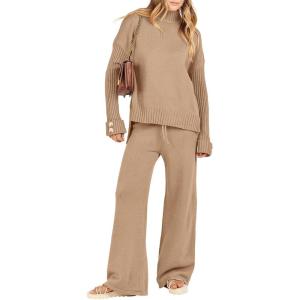 Caracilia Womens 2 Piece Sweater Set Knit Pullover Wide Leg Pants Lounge Matching Sets 2024 Fall Fashion Travel Outfits(Light Brown)