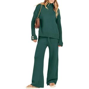 Caracilia Womens 2 Piece Sweater Set Knit Pullover Wide Leg Pants Lounge Matching Sets 2024 Fall Fashion Travel Outfits(Opal Green)
