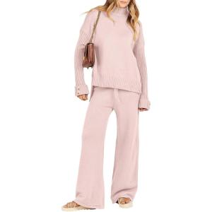 Caracilia Womens 2 Piece Sweater Set Knit Pullover Wide Leg Pants Lounge Matching Sets 2024 Fall Fashion Travel Outfits(Pink)
