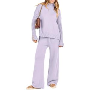 Caracilia Womens 2 Piece Sweater Set Knit Pullover Wide Leg Pants Lounge Matching Sets 2024 Fall Fashion Travel Outfits(Purple)