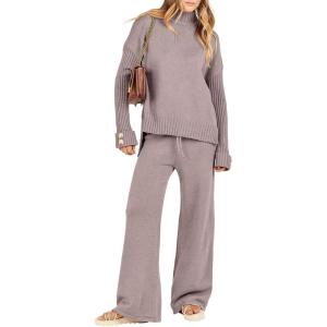 Caracilia Womens 2 Piece Sweater Set Knit Pullover Wide Leg Pants Lounge Matching Sets 2024 Fall Fashion Travel Outfits(Red Khaki)