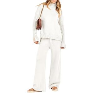 Caracilia Womens 2 Piece Sweater Set Knit Pullover Wide Leg Pants Lounge Matching Sets 2024 Fall Fashion Travel Outfits(White)