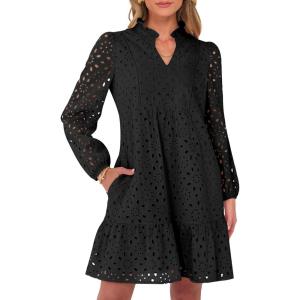 Caracilia Womens Dresses Long Sleeve V Neck Eyelet Hollow Out Fall Casual Flowy Swing Boho Tiered 2025 Mini Short Dress(Black)