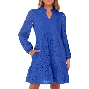 Caracilia Womens Dresses Long Sleeve V Neck Eyelet Hollow Out Fall Casual Flowy Swing Boho Tiered 2025 Mini Short Dress(Blue)
