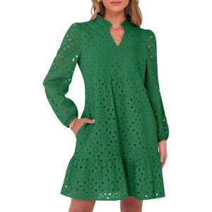 Caracilia Womens Dresses Long Sleeve V Neck Eyelet Hollow Out Fall Casual Flowy Swing Boho Tiered 2025 Mini Short Dress(Green)