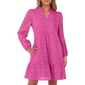 Caracilia Womens Dresses Long Sleeve V Neck Eyelet Hollow Out Fall Casual Flowy Swing Boho Tiered 2025 Mini Short Dress(Hot Pink)