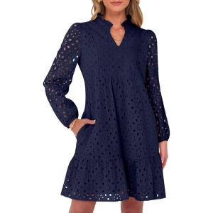 Caracilia Womens Dresses Long Sleeve V Neck Eyelet Hollow Out Fall Casual Flowy Swing Boho Tiered 2025 Mini Short Dress(Navy Blue)