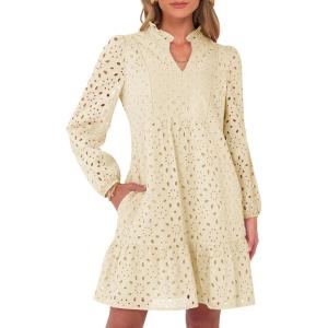 Caracilia Womens Dresses Long Sleeve V Neck Eyelet Hollow Out Fall Casual Flowy Swing Boho Tiered 2025 Mini Short Dress(Parchment)