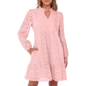 Caracilia Womens Dresses Long Sleeve V Neck Eyelet Hollow Out Fall Casual Flowy Swing Boho Tiered 2025 Mini Short Dress(Pink)