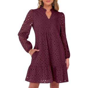 Caracilia Womens Dresses Long Sleeve V Neck Eyelet Hollow Out Fall Casual Flowy Swing Boho Tiered 2025 Mini Short Dress(Wine Red)