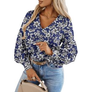 Caracilia Womens Dressy Casual Blouses Puff Long Sleeve Shirts V Neck Floral Boho Tops 2025 Fall Vacation Outfits(Floral Navy)