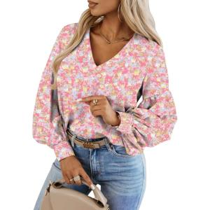 Caracilia Womens Dressy Casual Blouses Puff Long Sleeve Shirts V Neck Floral Boho Tops 2025 Fall Vacation Outfits(Floral Pink)